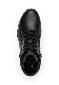 Bottine en cuir noir avec lacets noirs, fermetures éclair latérales et doublure intérieure douce. Bout arrondi et design minimaliste.