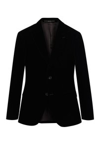 Blazer da uomo in velluto nero con rever a punta, due bottoni frontali, tasche a patta e taschino sul petto, esposto su uno sfondo bianco.