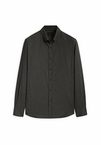 Czarna szara koszula z długim rękawem zapinana na guziki, wykonana z teksturowanej tkaniny. Posiada szpiczasty kołnierz, guziki z przodu i zaokrąglony dół.