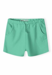 Pantalones cortos de algodón de color teal claro con una cinturilla elástica, dos bolsillos laterales y un detalle bordado en forma de corazón en la parte inferior derecha del frente.