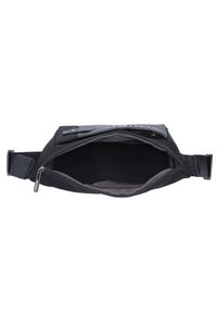 Schwarze Taillentasche mit einem Reißverschluss, aus strapazierfähigem Material gefertigt. Verfügt über einen verstellbaren Tragegurt und ein graues Innenfutter ohne Fächer.