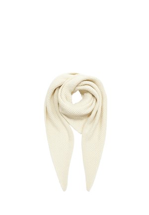 Cream-colored knitted scarf folded in a loop with pointed ends hanging down, displayed on a white background.
