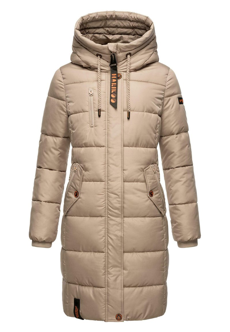 MARIKOO Delilah Lange damesjas warme winterjas met capuchon en tailleband 16 XS-5XL, wijn, M