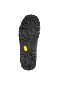 Schwarze Gummisohle mit tiefen Profilrillen, einschließlich eines gelben Vibram-Logos. Mäßige Grip-Muster für guten Halt. Flache, robuste Form.