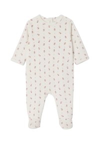 Weißer Langarm-Overall mit einem rosa Blumenmuster. Aus weichem Stoff gefertigt, hat einen runden Halsausschnitt und Druckknöpfe auf dem Rücken für ein einfaches Ankleiden.