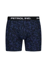 Marinblå boxershorts med ett spritt mönster i mörkblått. Utrustad med en svart elastisk midjeband med "PETROL IND." i vit text.