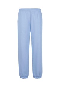 Hellblaue Sweatpants aus weichem Material, mit einem elastischen Bund und gerippten Knöcheln für eine entspannte Passform. Keine sichtbaren Taschen.