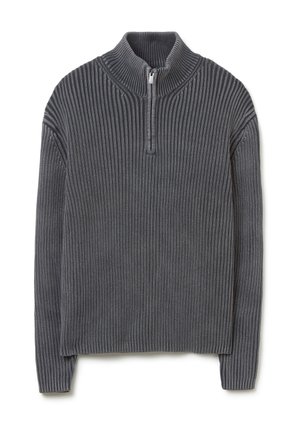 Maglione grigio a costine con colletto a mezza zip, caratterizzato da tessuto testurizzato e maniche lunghe.