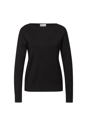 Pull noir à manches longues, col rond et ourlet côtelé. Confectionné dans un matériau doux, avec une texture lisse et un design simple.