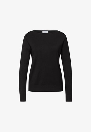 Pull noir à manches longues, col rond et ourlet côtelé. Confectionné dans un matériau doux, avec une texture lisse et un design simple.