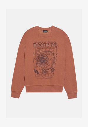 Roestkleurige sweatshirt met een grafisch ontwerp van een zon- en maanmotief, ronde hals, lange mouwen en ribbelmanchetten.