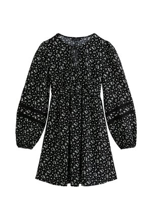 Czarna sukienka z białym kwiatowym nadrukiem, z długimi bufkami, marszczoną talią oraz okrągłym dekoltem z ozdobnym wiązaniem.