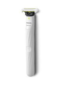 Philips OneBlade in het wit met een gestructureerde grip, een aan / uit-knop en een trimkop met groene accenten, ontworpen voor veelzijdige verzorging.
