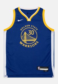 Modrý basketbalový dres se žlutými akcenty. Obsahuje název týmu "Golden State Warriors" a číslo hráče "30." Logo Nike na přední straně.