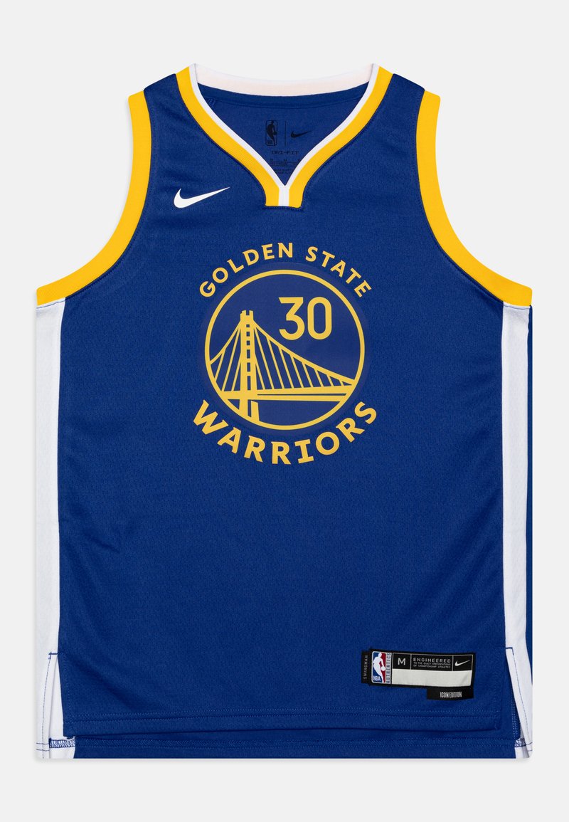 Modrý basketbalový dres se žlutými akcenty. Obsahuje název týmu "Golden State Warriors" a číslo hráče "30." Logo Nike na přední straně.