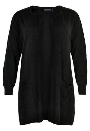 Černý kardigan s dlouhým rukávem, otevřený vpředu, s kulatým výstřihem a dvěma předními kapsami, zobrazený na bílém pozadí.