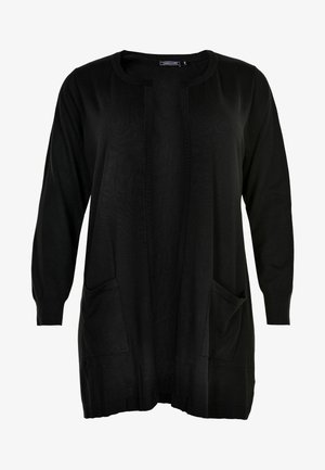 Zwarte lange mouw open voorkant cardigan met ronde halslijn en twee steekzakken aan de voorkant, weergegeven op een witte achtergrond.