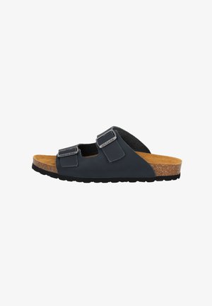 Black slide sandal with dual adjustable straps, cork footbed, and textured rubber sole, featuring a smooth matte finish and no visible patterns.