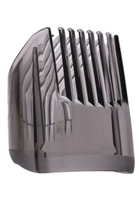 Translucent grå plast hårklipperbeskyttelse med ti lodrette, varierende længder på tænderne til forskellige klippe længder. Glatte kanter, buet bund.