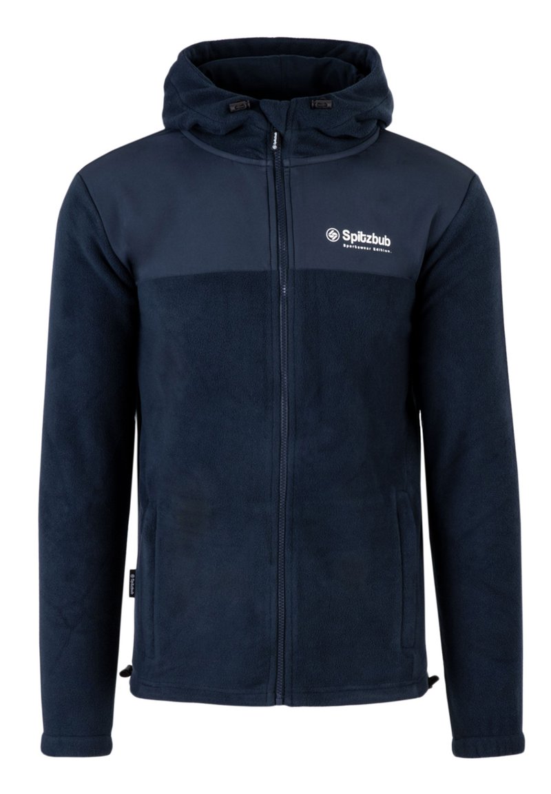 Marineblaue Fleecejacke mit durchgehendem Reißverschluss, verstellbarer Kapuze und Logo. Verfügt über seitliche Taschen und ein kontrastierendes Design des oberen Bereichs.