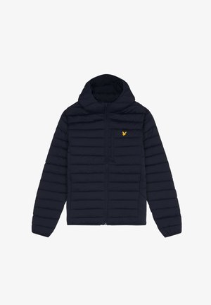Marineblaue Steppjacke mit Frontreißverschluss, Kapuze und horizontalem Steppmuster. Verfügt über ein kleines gelbes Logo auf der Brust und Seitentaschen.