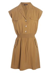 Robe à manches courtes en kaki avec un zip devant, taille smockée et deux poches avant. Fabriquée dans un tissu doux avec une texture lisse.