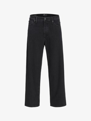 Jean large en denim noir à taille haute, avec poches avant, fermeture éclair et bouton. Texture lisse et design classique.