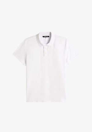 Weißes Poloshirt mit Kragen, einer Drei-Knopf-Leiste, kurzen Ärmeln und einem strukturierten Stoff mit subtiler Dehnbarkeit.