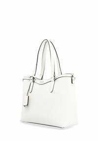 Witte leren totebag met zwarte accenten, gestructureerde vorm, dubbele handgrepen bovenaan en een klein bijgevoegd label; gladde textuur en minimalistisch ontwerp.