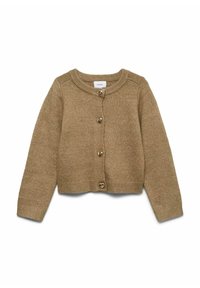 Rjava pletena jopica z dolgimi rokavi, okroglim izrezom in gumbi v obliki srca. Rebrasti manšeti in rob, mehka tekstura, priložnostni slog.