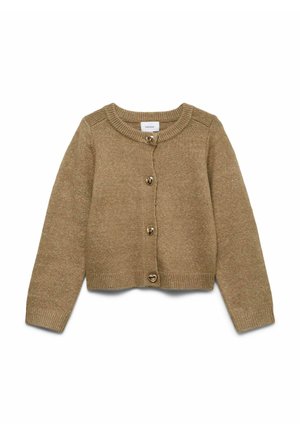 Cardigan marron tricoté avec manches longues, encolure ronde et boutons en forme de cœur. Poignets et ourlet côtelés, texture douce, style décontracté.