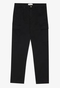 Schwarze Cargo-Hosen mit mehreren Seitentaschen, einem Knopfverschluss und einem geraden Bein-Design, aus strapazierfähigem Stoff mit glatter Textur.
