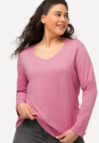 Long-sleeve, v-neck top in soft pink fabric, featuring a relaxed fit and smooth texture. Simple design with no visible patterns or embellishments.