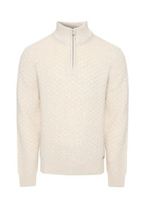 Pull en tricot couleur crème avec un motif en grille texturé, col zippé moitié, et poignets et ourlet côtelés. Fabriqué en tissu doux.