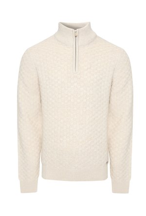 Sweter w kolorze kremowym, wykonany na drutach, z teksturowanym wzorem w kratę, pół zamkiem błyskawicznym i ściągaczami na mankietach oraz u dołu. Wykonany z miękkiego materiału.