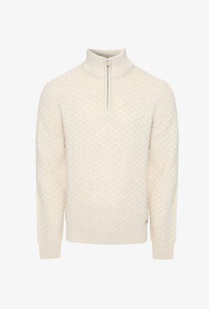 Sweter w kolorze kremowym, wykonany na drutach, z teksturowanym wzorem w kratę, pół zamkiem błyskawicznym i ściągaczami na mankietach oraz u dołu. Wykonany z miękkiego materiału.