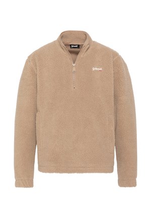 Pullover in pile color camoscio con collo a mezza zip, superficie testurizzata e piccolo logo sul petto. Presenta maniche lunghe e una vestibilità comoda.