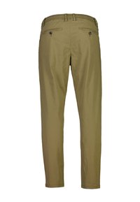 Khaki chino's met een taps toelopende pasvorm, voorzien van een elastische tailleband, twee achterzakken en knoopaccenten. Gladde katoenmateriaal.