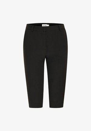 Czarne, krótkie spodnie o dopasowanym kroju, wykonane z gładkiego materiału. Mają przednie kieszenie, szlufki na pasek oraz czysty, dopasowany wykończenie.