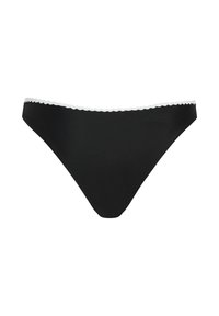Čierne spodné prádlo v štýle bikiniek s bielym vlnitým lemom pozdĺž pásu, zobrazené na bielom pozadí.