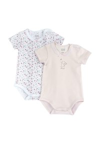 Deux bodies pour bébé : l'un avec un motif floral blanc sur fond bleu clair, l'autre en rose clair avec de la dentelle et un design d'éléphant.