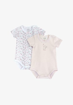 Dos bodies de bebé: uno con un patrón floral blanco sobre un fondo azul claro, y el otro en rosa claro con encaje y un diseño de elefante.