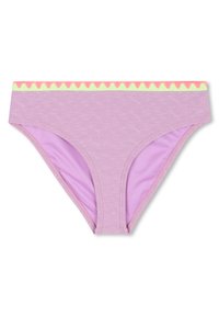 Culotte de bikini violet clair avec une large ceinture arborant un motif en zigzag rose néon et vert. Texture lisse et coupe ajustée.