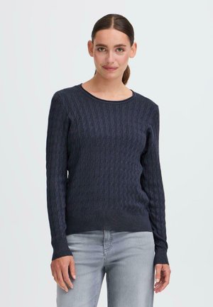 Pull en maille torsadée bleu marine avec des manches longues, un col rond et des bords-côtes aux poignets et à l'ourlet. Fabriqué en tissu doux et texturé, conçu pour le confort.