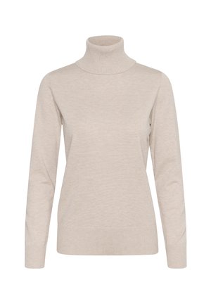 Bežs turtlenecks džemperis, izgatavots no mīksta auduma, ar garām piedurknēm un ribotām malām apkaklē un apakšmalā. Vienkāršs, minimāls dizains.