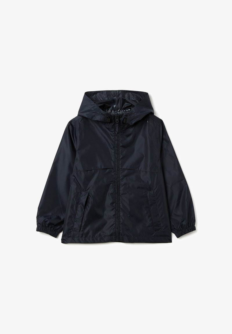 Marineblaue, leichte Jacke mit Kapuze, Reißverschluss an der Vorderseite, elastischen cuffs und zwei Vorderaschen. Glatte, glänzende Textur und lässiges Design.