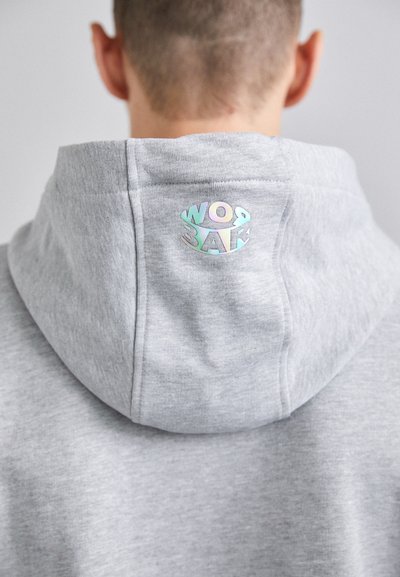 Grå hettegenser med en myk tekstur, med hette og en iriserende sirkulær logo på baksiden. Designet vektlegger komfort og uformell stil.