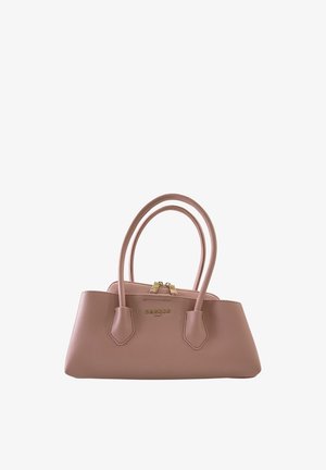 Piccola borsa a mano strutturata in pelle viola scuro con doppi manici e cerniera dorata, con il marchio "CAGLIE PARIS" sul davanti.