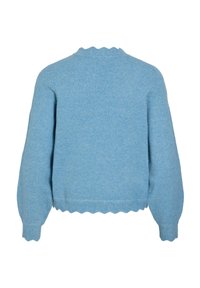 Pull bleu tricoté à manches longues avec bords festonnés à l'ourlet, aux poignets et à l'encolure, vu de dos.