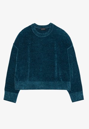 Pull court teal avec une finition texturée, col rond côtelé et manches longues. Tissu doux avec une coupe décontractée et une couleur unie.